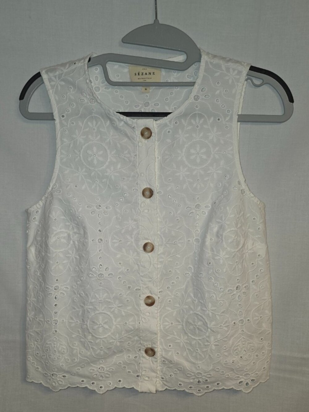Sezane Roni Blouse Size 36 White Eyelet Tank with Buttons Quiet Luxury Eyelet